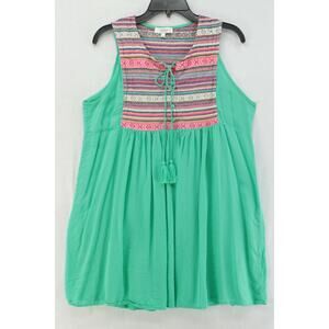 Umgee Tunic Tank Top Womens XL Green Sleeveless Boho tribal print Peasant Tassel